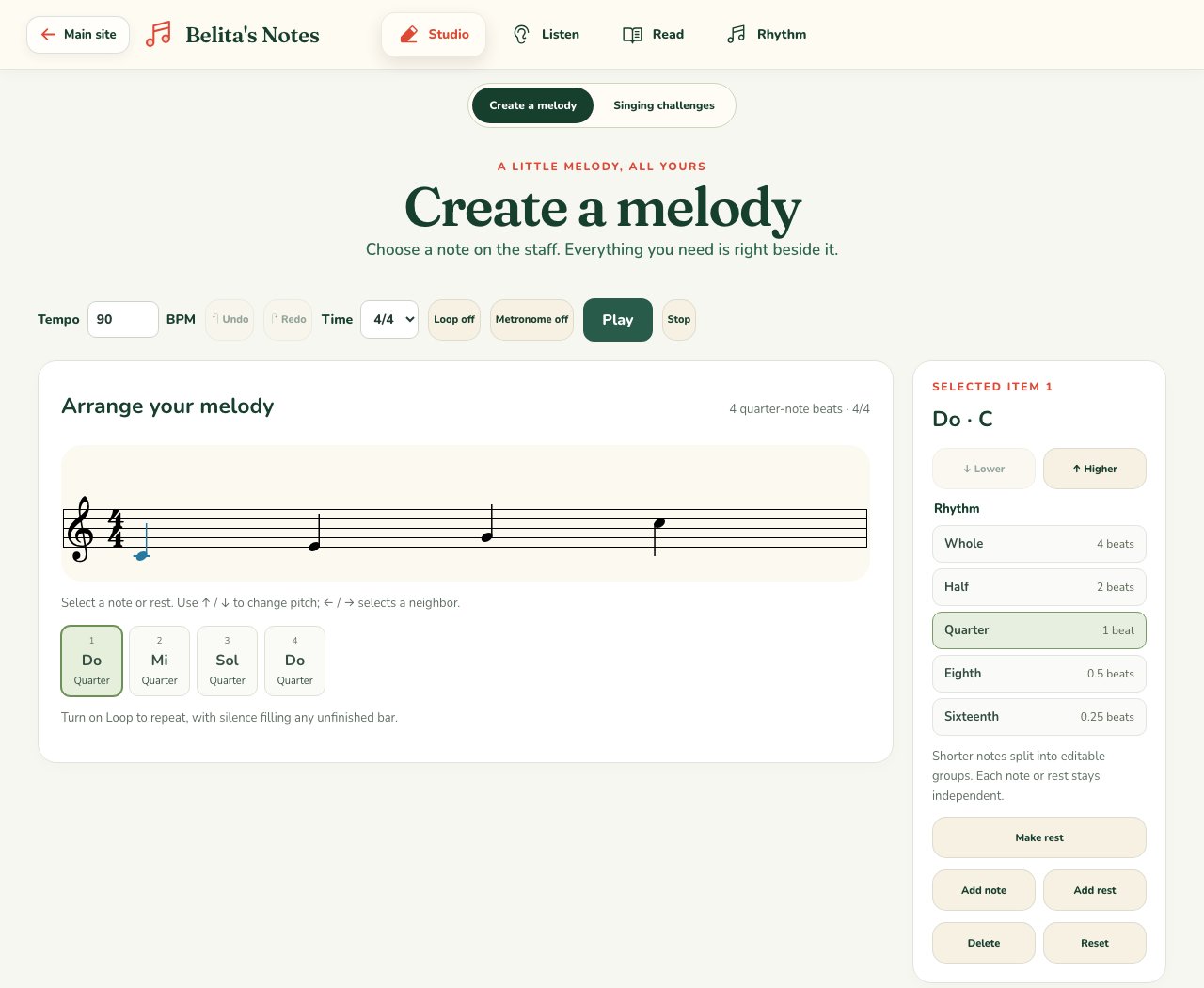 Belita's Notes melody builder with the staff and note settings side by side